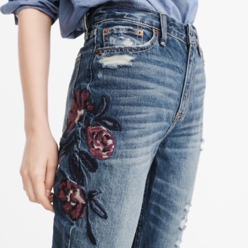 Abercrombie Embroidered High-Rise Girlfriend Jeans